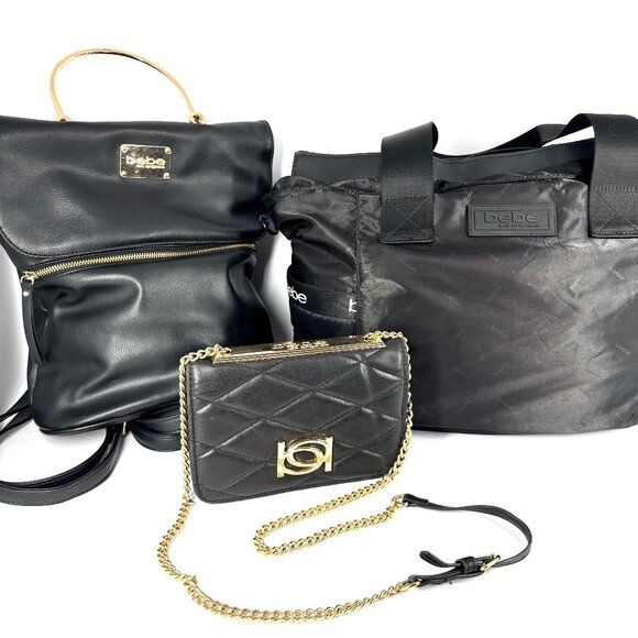 Bebe 3-Piece Bag Set Black with Gold Hardware – Crossbody, Backpack & Tot - Picture 1 of 16